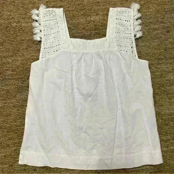 J. McLaughlin white, sleeveless blouse with eyelet detailing/pop pop sleeves; S - Picture 1 of 9